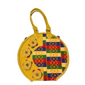 Deep Cream African leather bag with Kente print, made in Shana