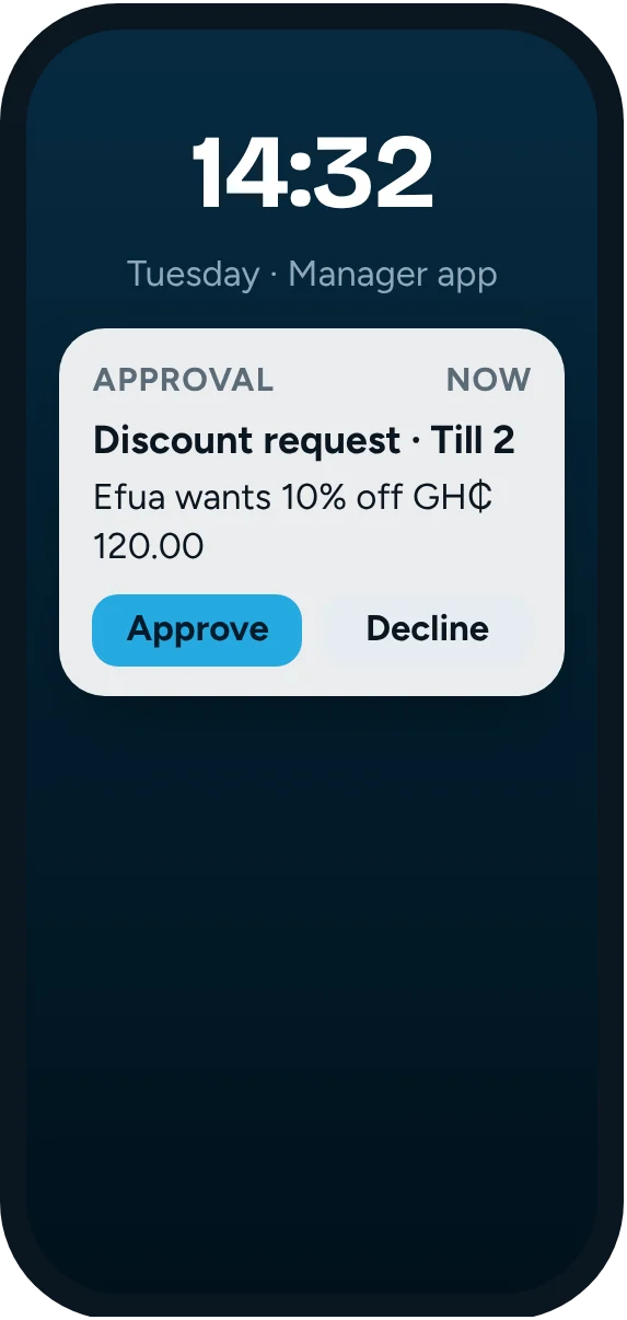 Manager app notification asking the owner to approve a discount from Till 2
