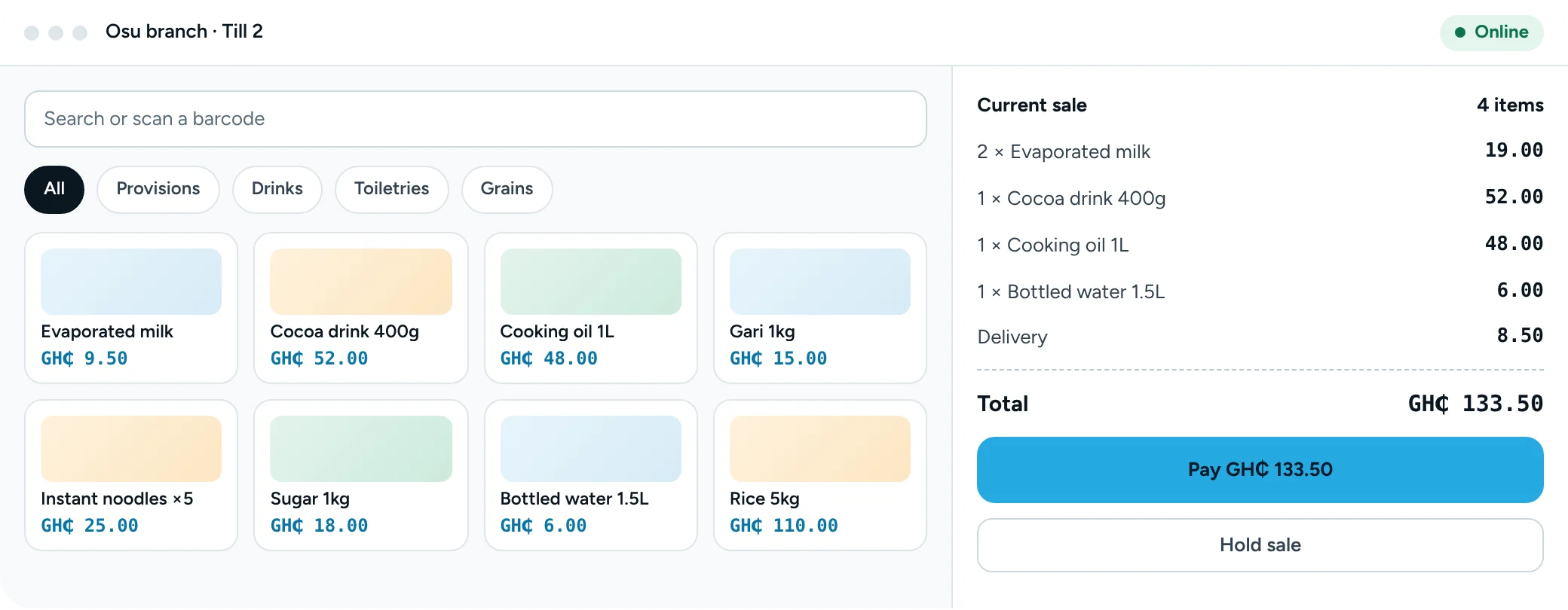 CloudyPOS till screen: product grid with prices in cedis and the current sale with a Pay button