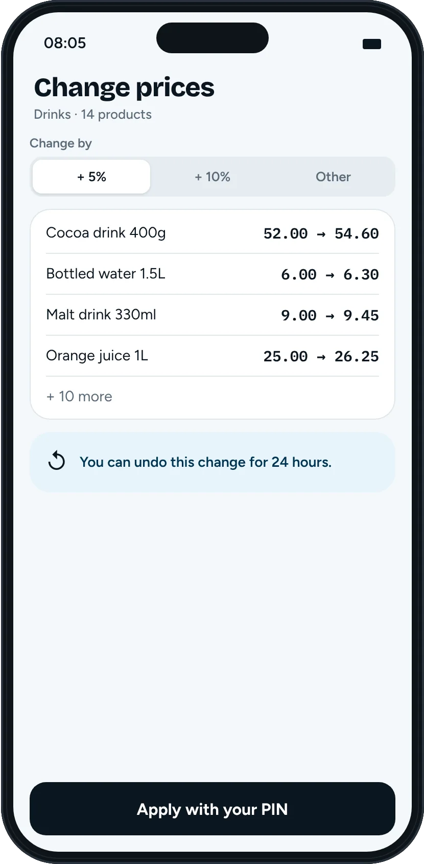 Manager app Change prices screen: drinks up 5 percent with a preview and a 24-hour undo