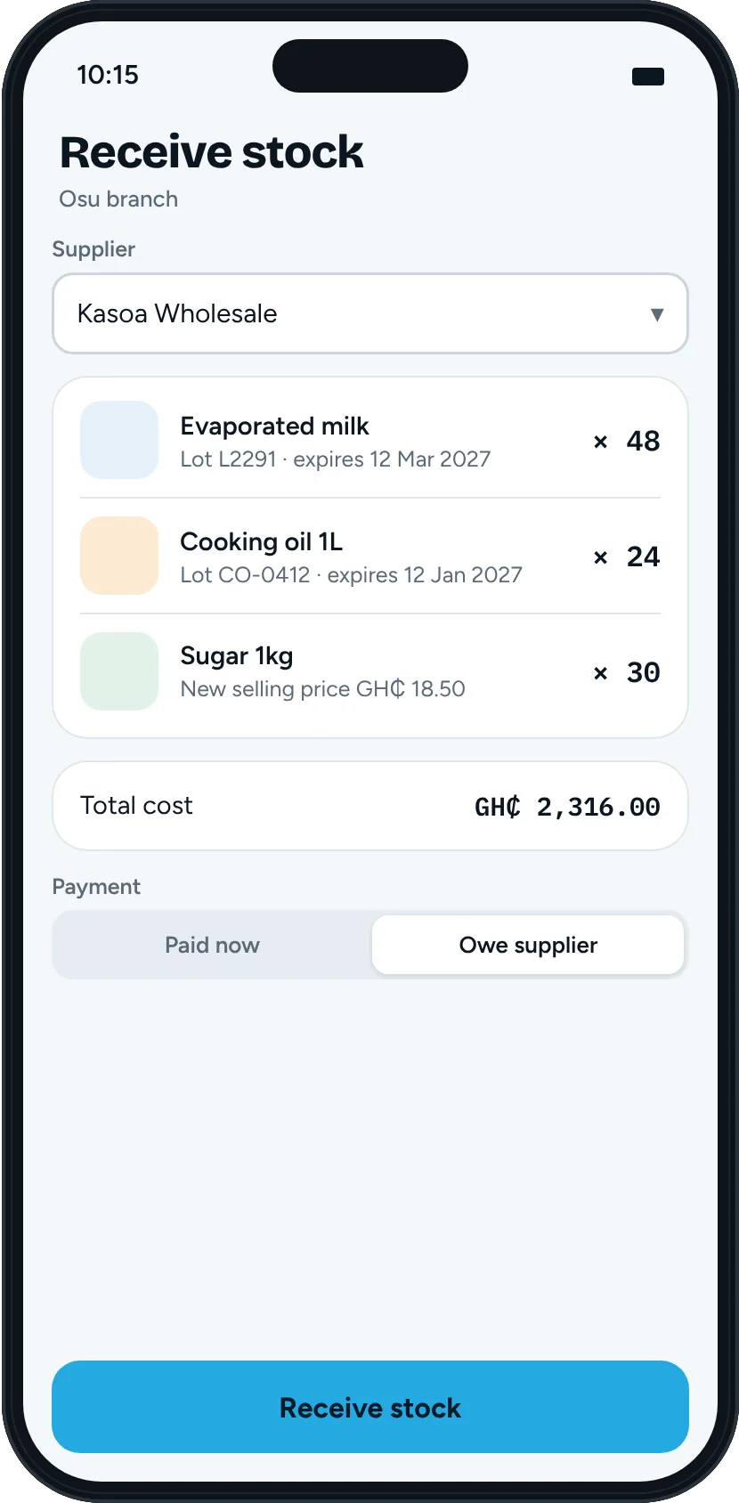Manager app Receive stock screen with supplier, items with lot and expiry, and paid now or owe supplier