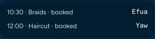 Two appointments booked for the day, each with a staff member